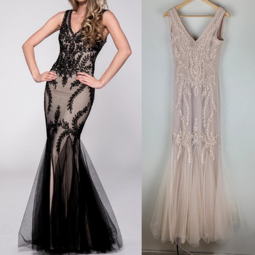 Cachet embroidered long pale pink mermaid tulle formal gown